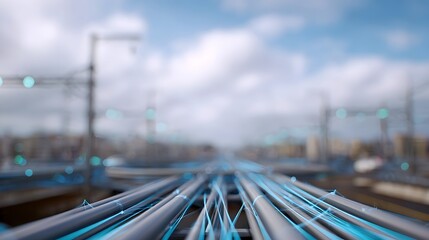 Abstract digital network of glowing blue lines connecting industrial cables in perspective under a cloudy sky