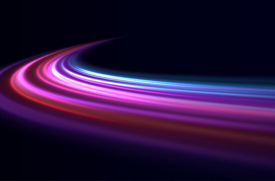 Dynamic, curved light trails create a sense of speed, energy, and digital flow. Luminous wave effect for sci-fi concepts, innovative visualizations, presentations, and creative digital projects.