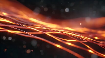 Abstract glowing strands of orange and yellow light flow dynamically in a dark bokeh filled background