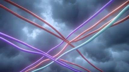 Vibrant glowing network cables intertwine dramatically against a dark stormy cloudy sky representing data flow and technological connections