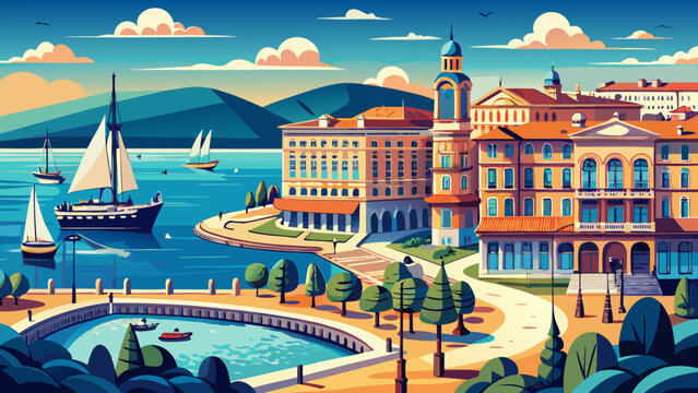Very beautiful view of Trieste&rsquo;s grand waterfront square facing the Adriatic Sea, showcasing elegant architecture, open horizons, and a unique blend of Italian and Central European character.