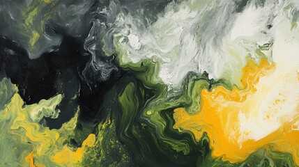Abstract painting with swirling black, green, yellow, and white colors in a dynamic composition