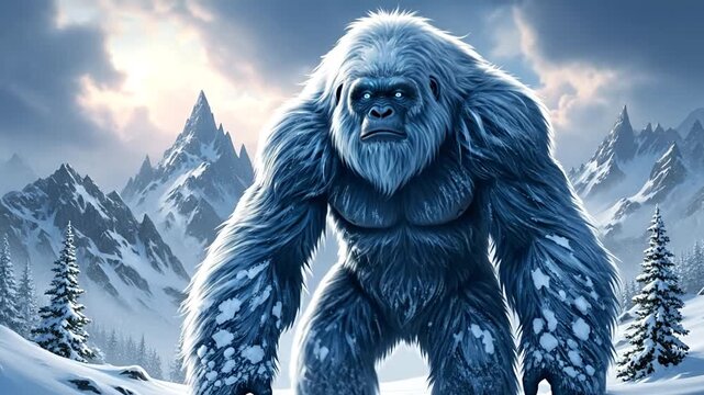 Icy blue yeti creature standing on snowy mountain peak backdrop