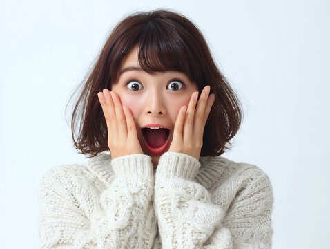 思わず驚いて両手で頬を押さえる若い女性が白い背景の前で感情豊かにリアクションする表情