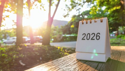 A small calendar displaying 2026 sits on a wooden surface outdoors in a park with trees and a sunny background.