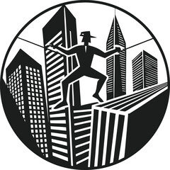 Businessman climbing skyscraper