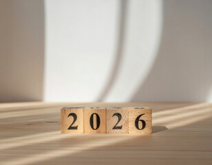 Close-up of wooden blocks with 2026 written on them, casting shadows on a light-colored wood surface with a white background.