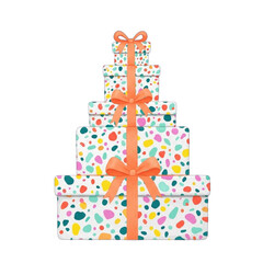 Stack of Colorful Gift Boxes Tied with Ribbon.