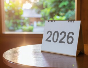 A small calendar displaying 2026 on a wooden table by a sunny window with a blurred garden view.