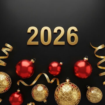 New Year 2026 Golden 3D Numbers with Red and Gold Baubles and Ribbons on Elegant Black Background Festive Celebration