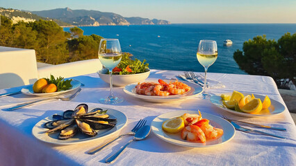 Hand drawn vintage sketch of seafood table with shrimp mussels lemon and white wine on sea coast terrace