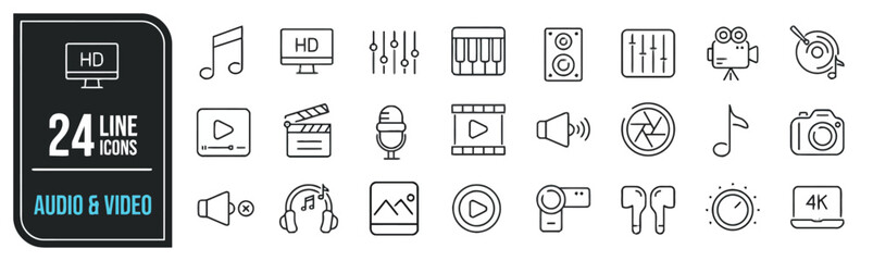 Audio And Video Line Icons Set With Headphones Microphone Camera And Sound Symbols Editable Stroke Vector Illustration Isolated On White Background © Tabassum