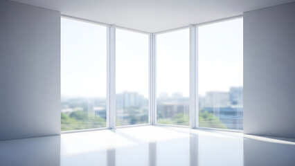 Obraz premium Bright Empty Modern Room with Large Windows and City View
