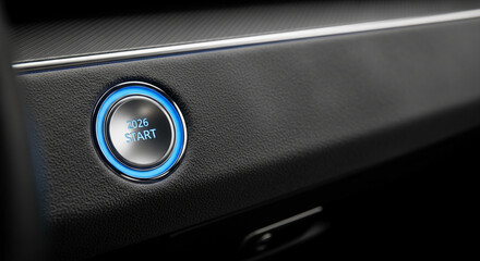 Close-up of a gray button with blue halo on dark grained surface, displays "2026 START", symbolizing futuristic beginning and technological advancement