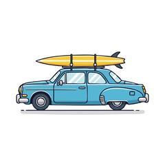 Fototapeta premium Vintage car carrying surfboard on roof rack in a serene landscape view