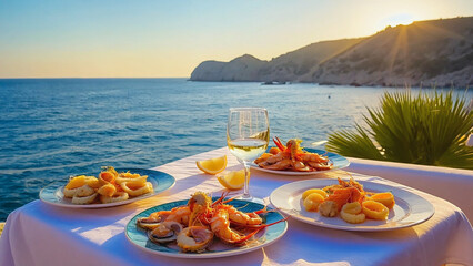 Hand drawn vintage sketch of seafood table with shrimp mussels lemon and white wine on sea coast terrace