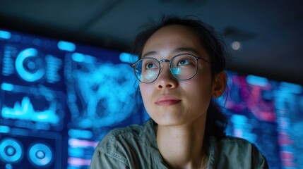South East Asian female data scientist studying machine learning models on interactive screen in modern technology lab with focused analytical mindset for women in STEM and digital research innovation