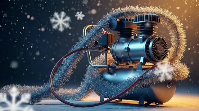 Air compressor decorated with Christmas tinsel, standing on a snowy ground during a winter night with falling snowflakes. Holiday industrial concept.