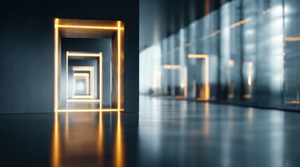Modern office abstract geometric light structure on blurred dark grey hallway with deep depth of field and sleek aesthetic. Global business communication concept and corporate connectivity network.