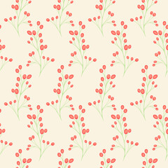 Seamless vector pattern with delicate berry stems featuring soft red fruits and light green branches on a warm cream background. Gentle botanical design for textiles, stationery, and deco