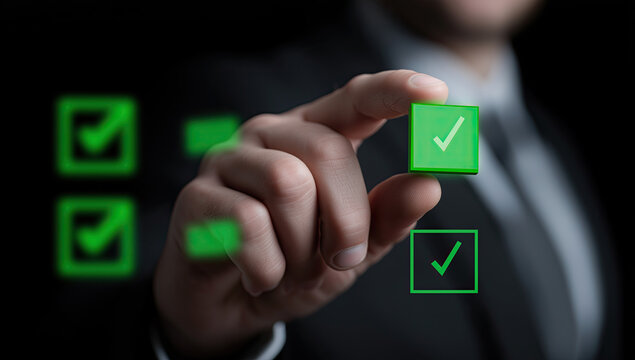 Businessperson taps glowing green checkbox symbolizing completed successful decision or task.