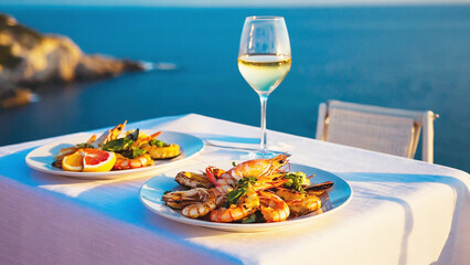 Hand drawn vintage sketch of seafood table with shrimp mussels lemon and white wine on sea coast terrace