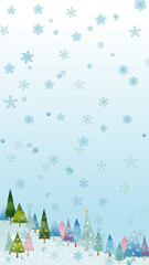 水彩風 かわいい冬景色と雪の結晶フレーム(16:9)Winter Series:Watercolor style cute winter scenery and snowflake frame