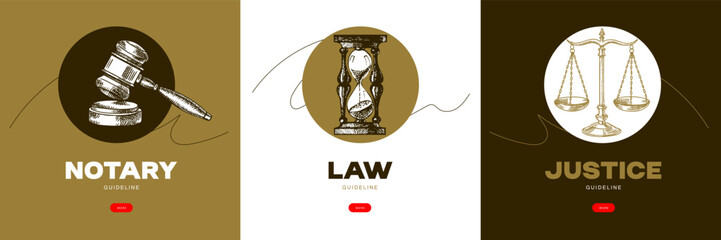 Sketch judicial law banner set. Court, justice, rights, artificial intelligence regulation, notary service, mediation center, arbitration concept. Engraved hand drawn vector illustration.
