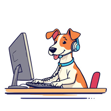 Vsai dog wearing headset working at computer in call center