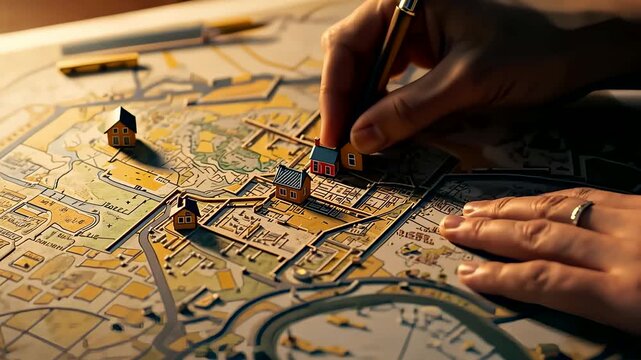 Hands carefully placing miniature building models on detailed vintage city map during urban planning process