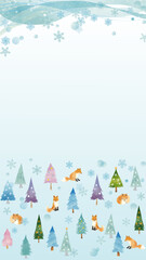 水彩風 冬のかわいい樹々と雪とキタキツネのいる風景2(16:9)縦 Winter Series:Watercolor winter landscape with cute trees, snow and red foxes