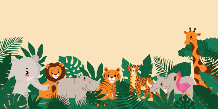 Banner with cute African animals and tropical leaves.Frame and template. Kids' decor, invitations, and nursery art. Vector cartoon flat illustration