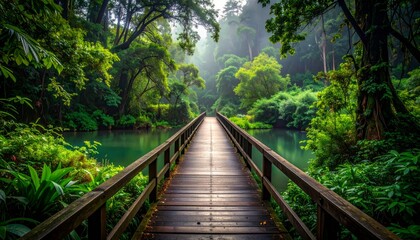 A wooden boardwalk stretches through lush green forest, featuring natural wooden bridges and beautiful hiking trails