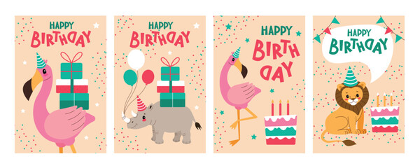 Obraz premium Kids birthday card,African animals,safari theme.Set of fun cards with lettering and balloons.Cartoon vector illustration in a flat style