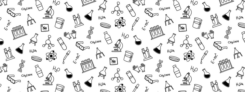 Chemistry doodle seamless pattern background science biology laboratory hand drawing cute