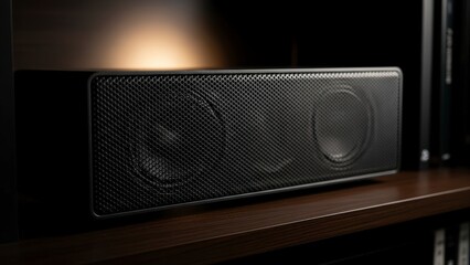 Sleek Black Speaker on Wooden Shelf with Subtle Lighting.