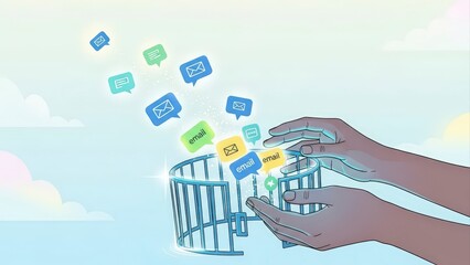 Hands Interacting with Digital Shopping Cart and Floating Icons.