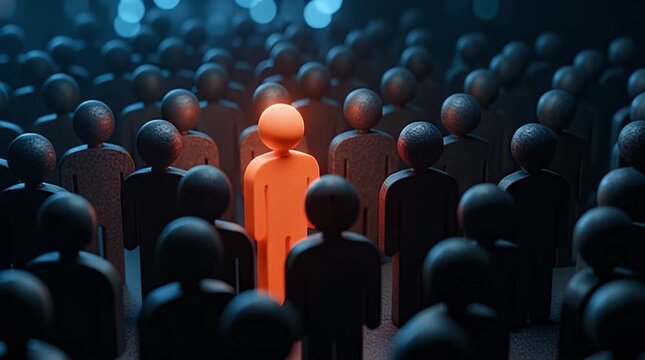 A single yellow figure stands out among a sea of black figures, symbolizing individuality and uniqueness in a crowd.