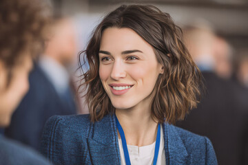 Fototapeta premium A confident young female professional, wearing business suit and blue lanyard, stands in a crowded hall, attentively listening to industry peers at a business seminar.
