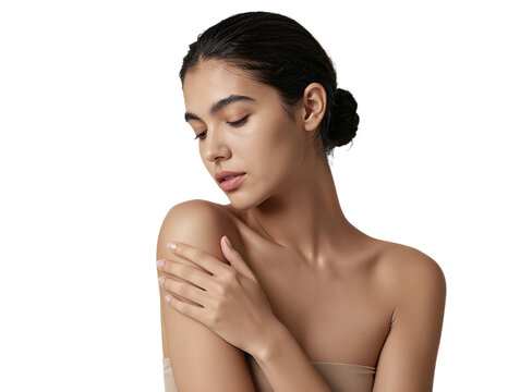 Young woman gently touching her shoulder