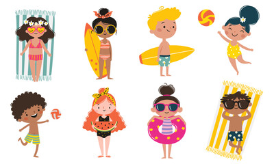 A set of flat vector illustrations in a simple children's style. Cute boys and girls on a beach vacation in different poses on a white background. . Vector illustration