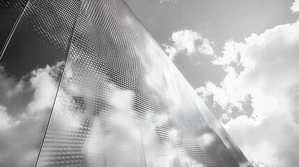 Black and white photo of a tall building with a mesh facade against a cloudy sky