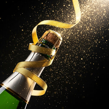 New Year Celebration with Champagne Bottle, Golden Ribbon, and Sparkling Confetti on Elegant Dark Background