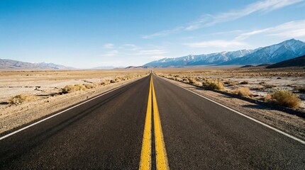 Fototapeta premium A long, straight asphalt highway stretching into the distance through a vast arid desert landscape, with bold yellow center lines leading toward distant snow-capped mountains.