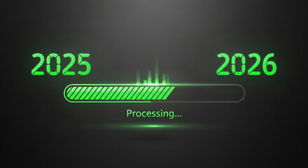 Green loading bar between 2025 and 2026 on dark background, representing transition and processing for new year, progress and development