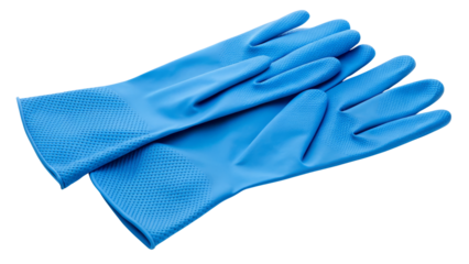 blue rubber cleaning gloves with textured grip enhanced handling on a white background.