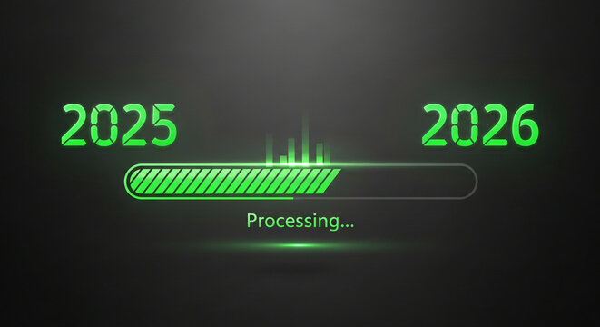 Green loading bar between 2025 and 2026 on dark background, representing transition and processing for new year, progress and development - Powered by Adobe