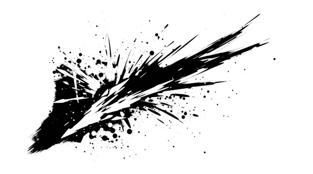 A dynamic black ink splash with sharp, energetic lines and splatters on a white background, creating an abstract and expressive graphic element.
