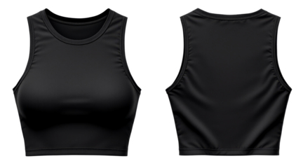 Sleek black crop top athletic tank top with high neckline and sleeveless design on transparent background