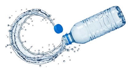 Refreshing water stream flowing dynamically from a tilted plastic bottle against a black background isolated on transparent background
